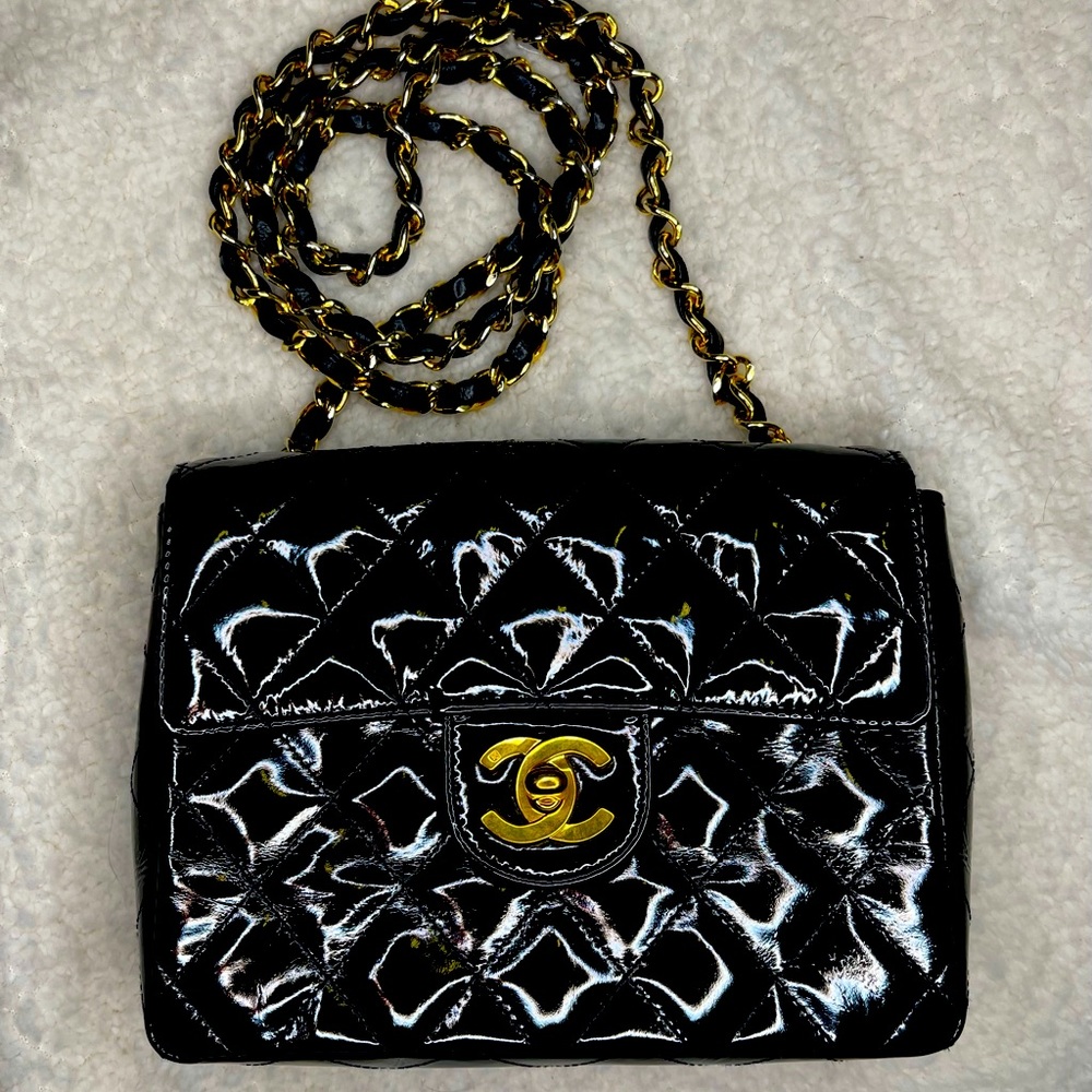 CHANEL Black Quilted Patent Leather Flap Bag with Gold chain/hardware
